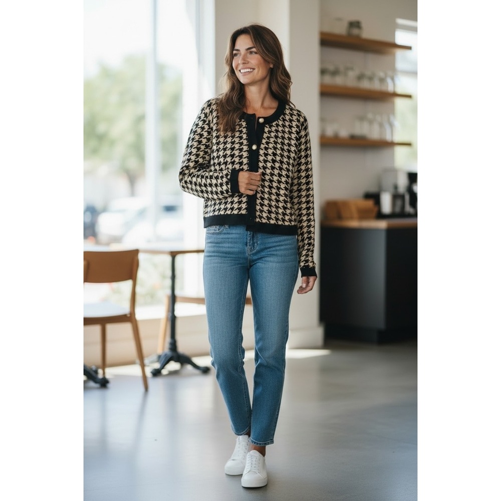 Taylor‎ Houndstooth Cardigan Sweater Black Tan Pearl Button XS